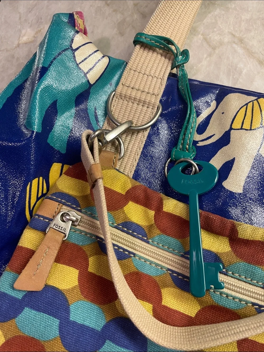Fossil Blue Multicolor Elephant Print Tote